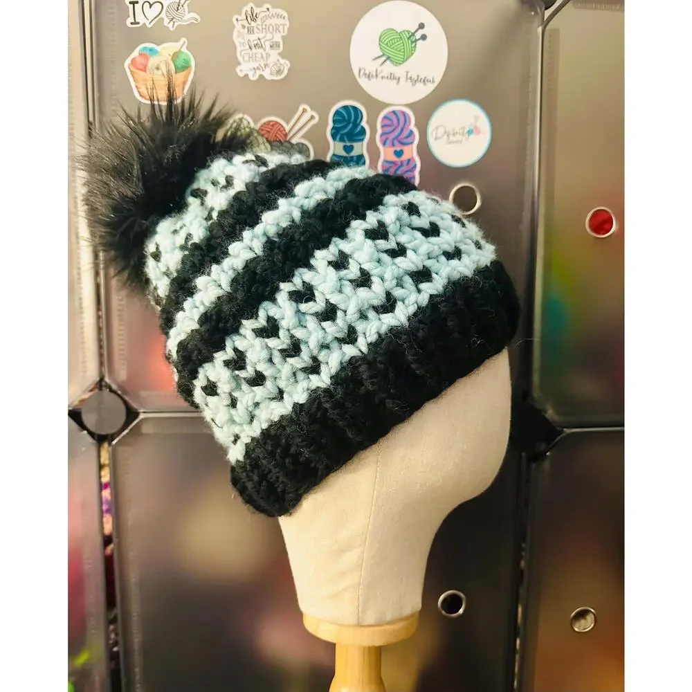 Hand Knit Into Your Heart Beanie: Cozy Winter Hat with Faux Fur Pom